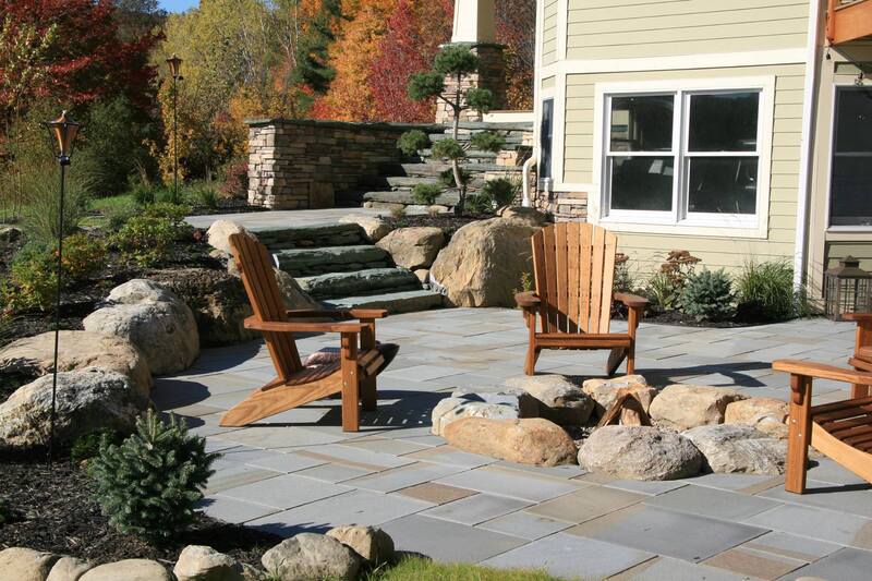 Stone wall, Terraced back yard, stone steps, retaining walls, landscape design, fire pit